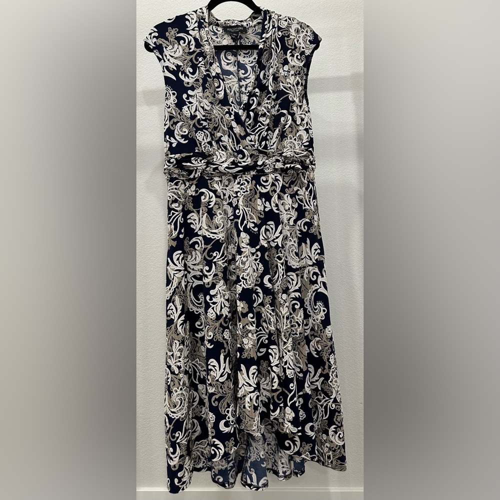 Perceptions Sleeveless Ruched Waist Puff Print Faux Wrap High Low Hem Size L